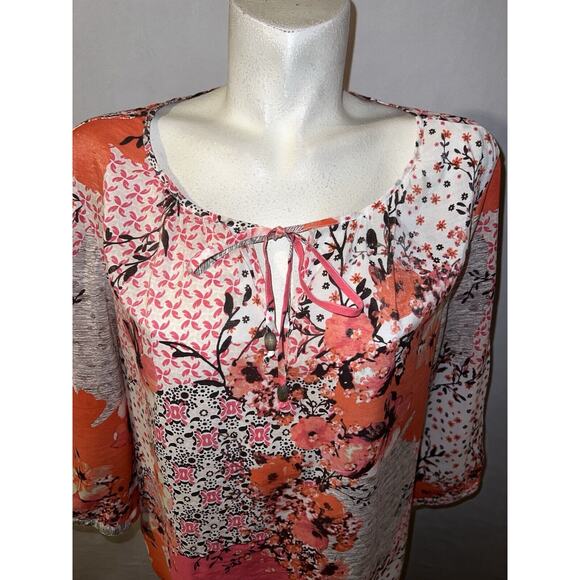 CHICO'S Top XL (3) Orange Pink Brown Floral Rayon Nylon Popover V-Neck Tunic - Picture 2 of 6